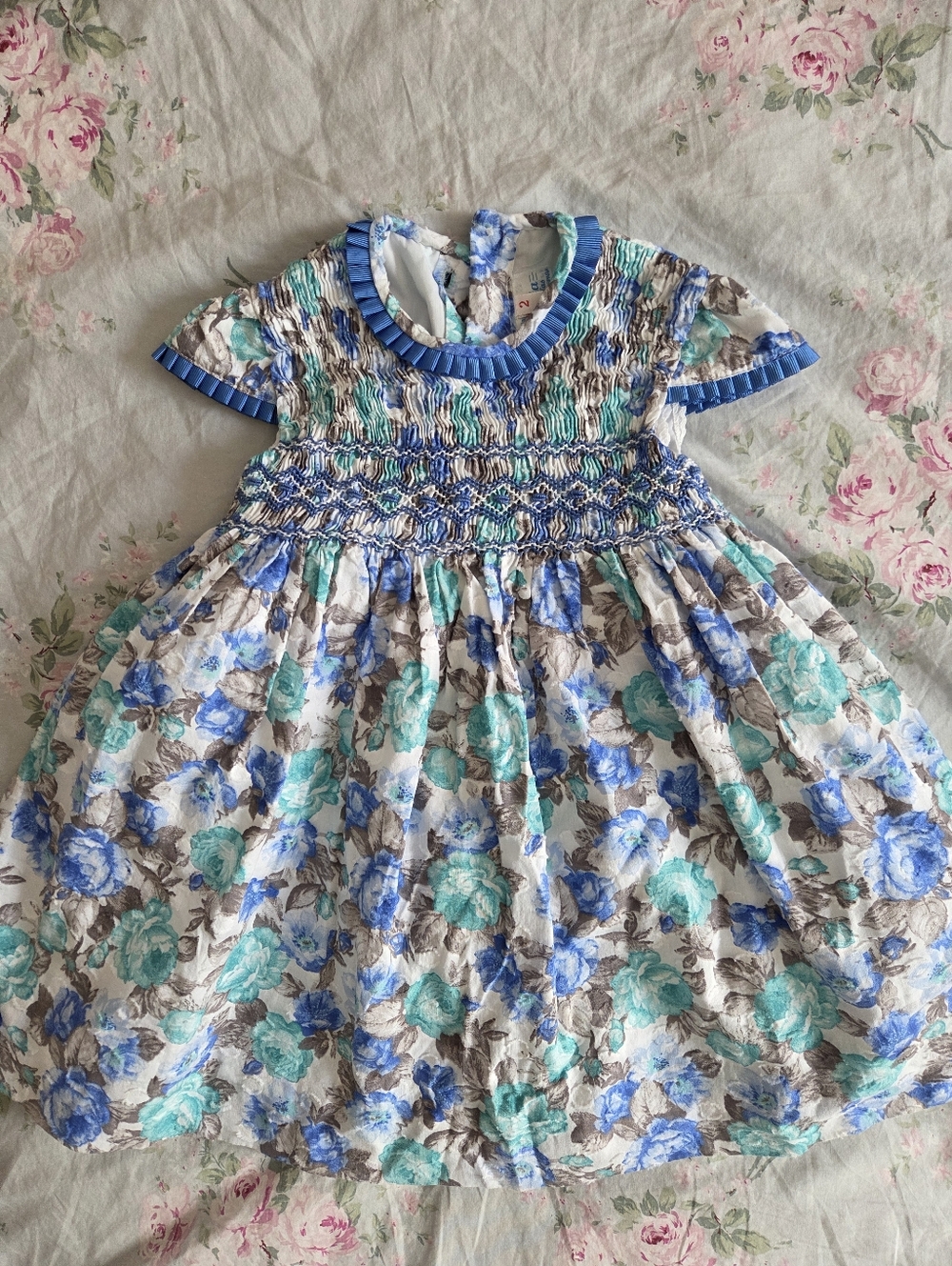 Handmade In Spain Smocked Blue Rose Floral Cotton Girls Dress Filita Artesania 2 - Picture 2 of 9